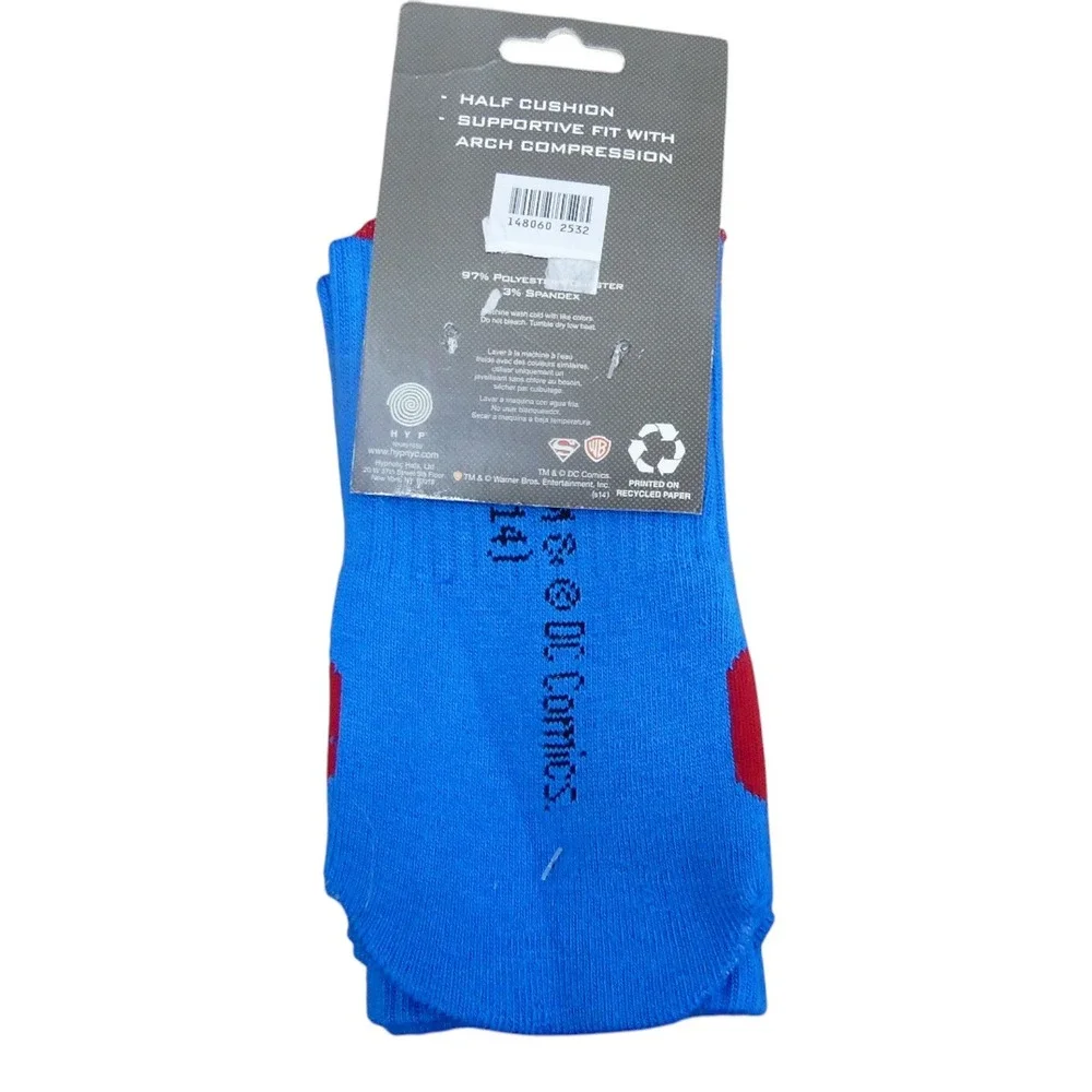 DC Comics Superman Crew Socks Kids Size 3-9 Blue NWT Athletic Arch Compression
